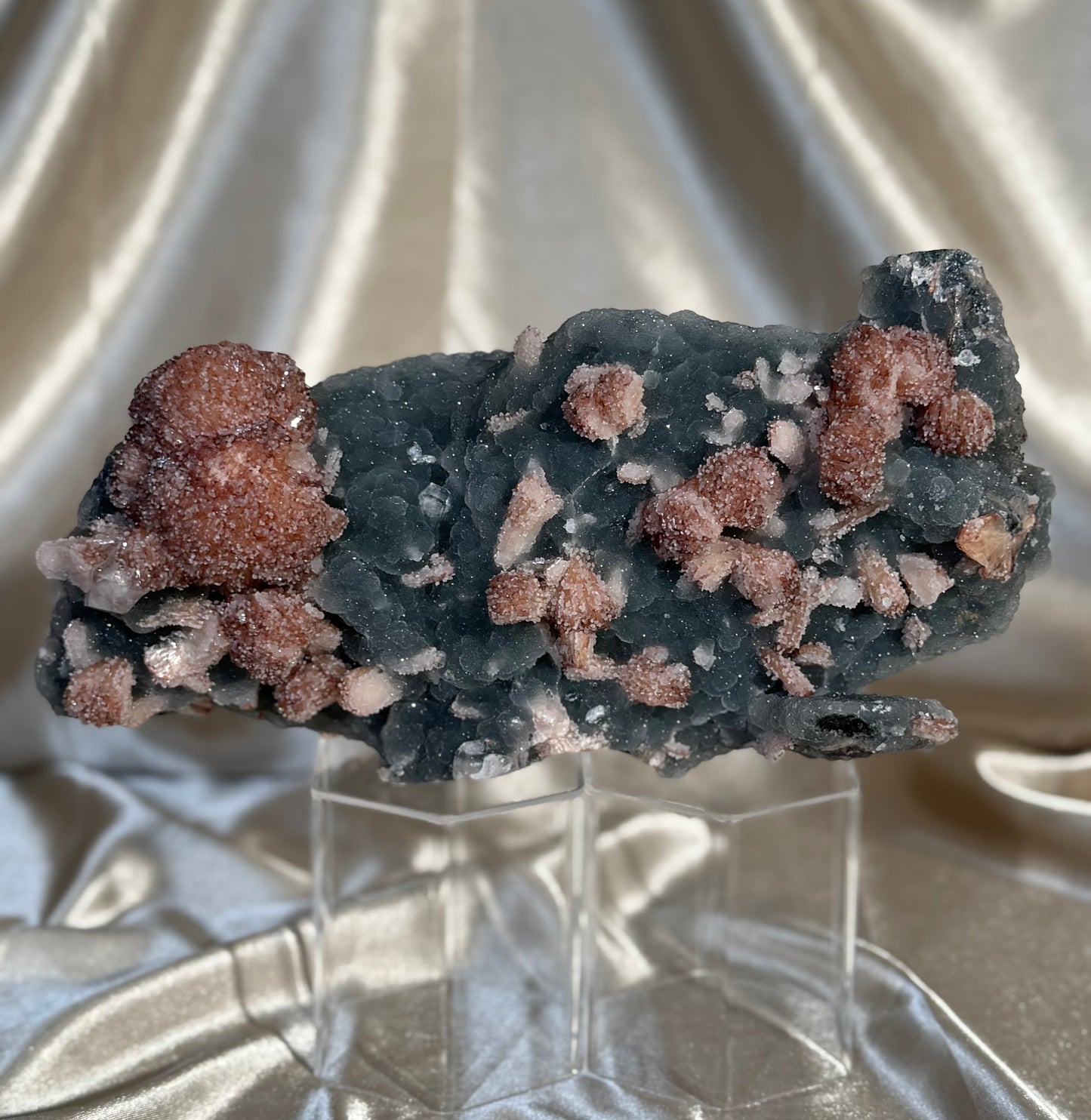 Red Stilbite on Navy Blue Chalcedony A