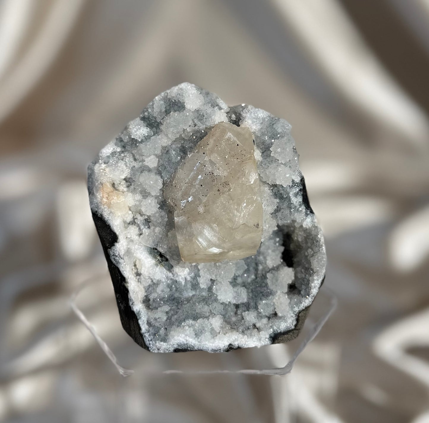 Calcite on Blue Chalcedony