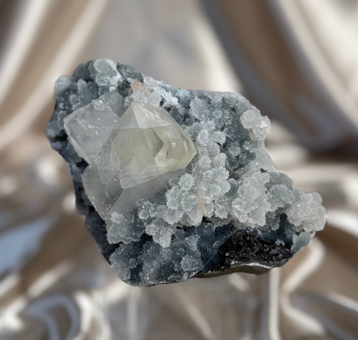 Calcites on Blue Chalcedony