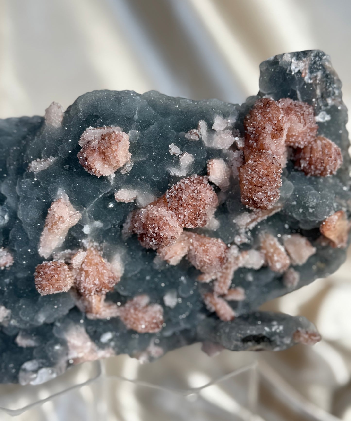 Red Stilbite on Navy Blue Chalcedony A