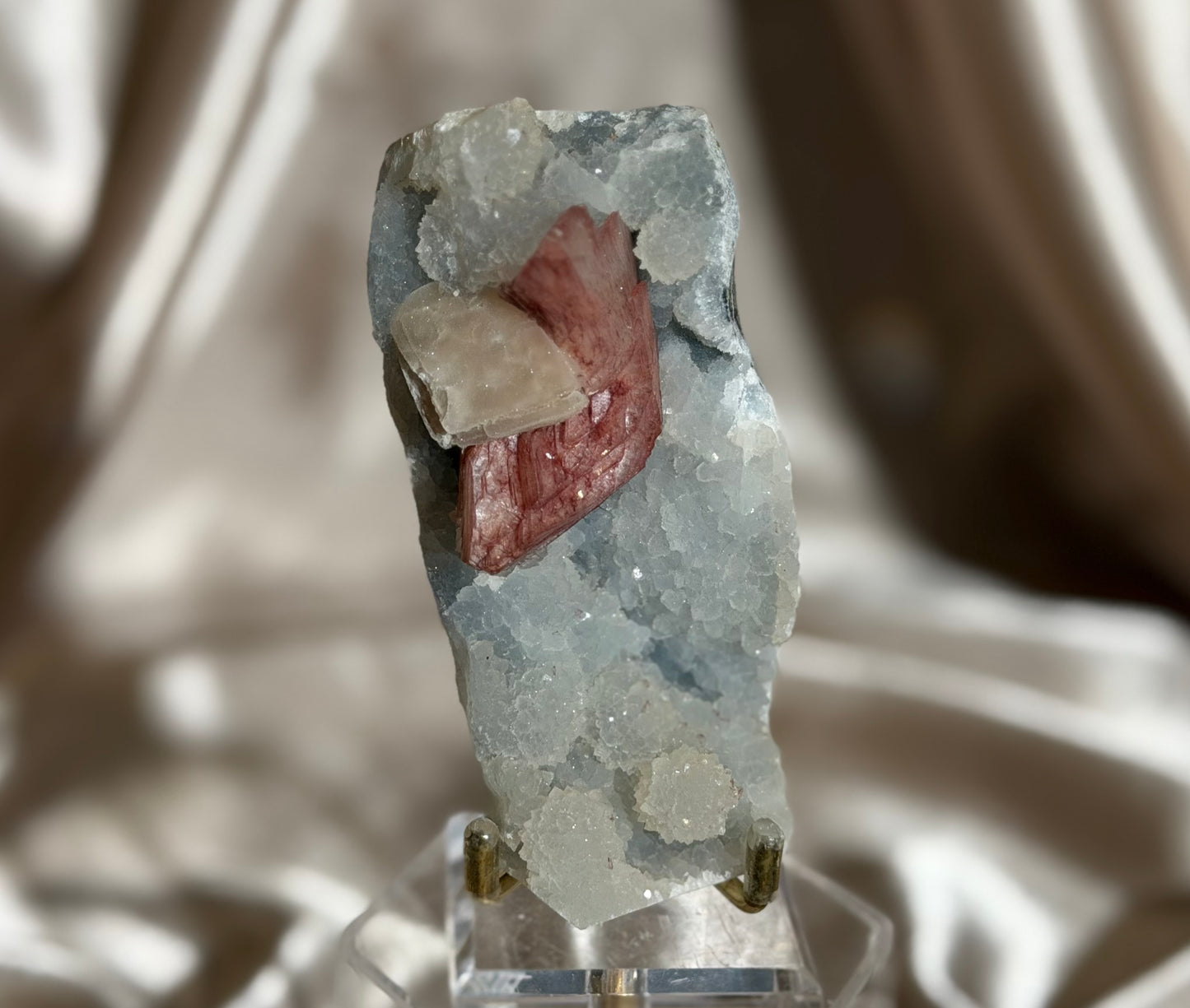 Coated Calcite with Red Heulandite on Quartz