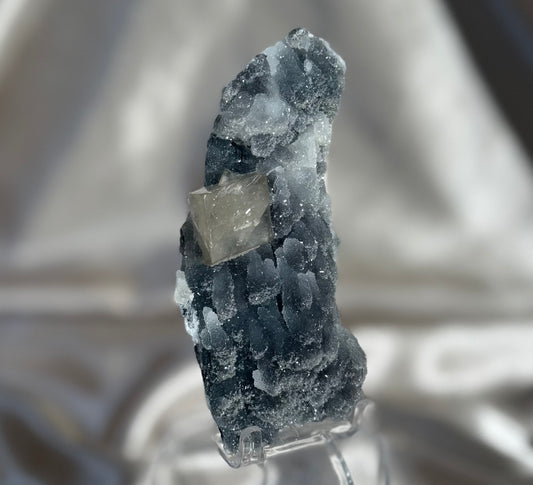 Calcite on Black Chalcedony M