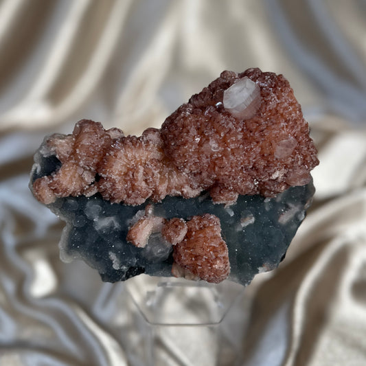Red Stilbite on Navy Blue Chalcedony C