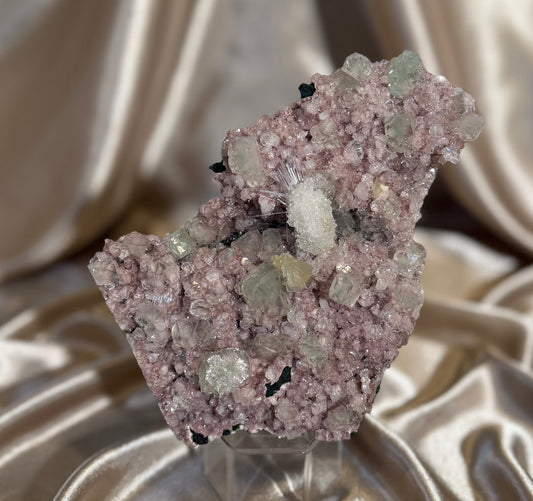 Mesolite on Pink Heulandite & Green Apophyllite C