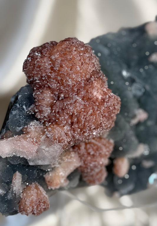Red Stilbite on Navy Blue Chalcedony A