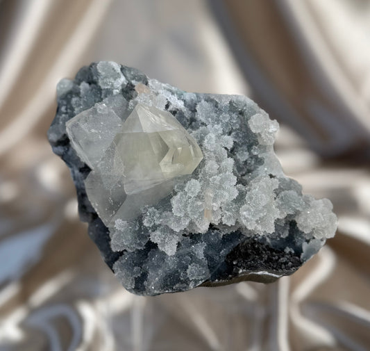 Calcites on Blue Chalcedony