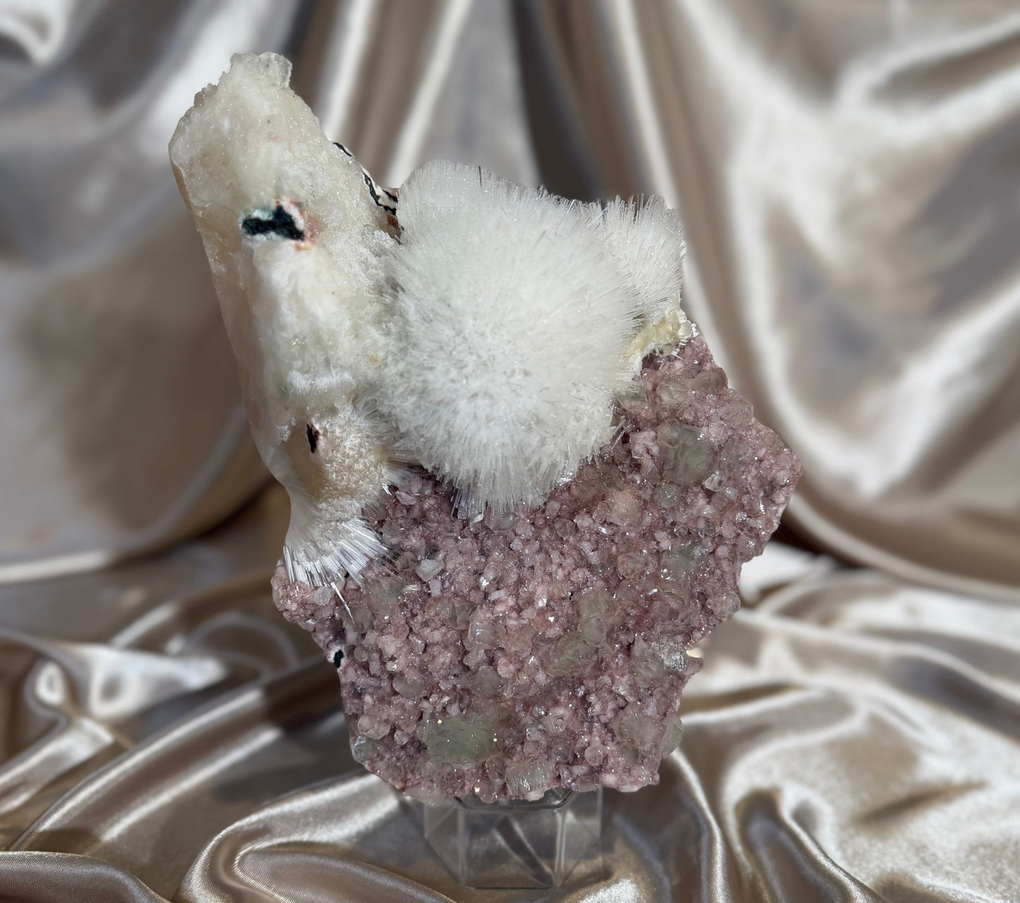 XL Mesolite on Pink Heulandite & Green Apophyllite A