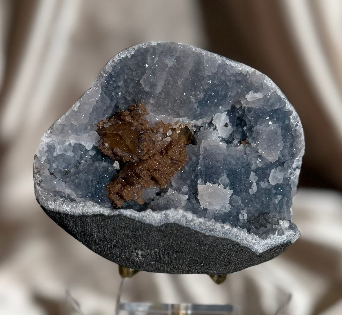 Dark Brown Stacked Calcite on Blue Quartz