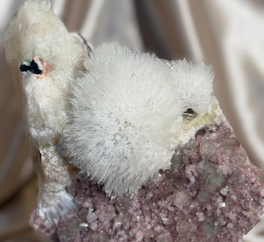 XL Mesolite on Pink Heulandite & Green Apophyllite A