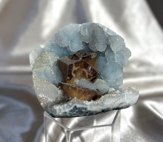 Dark Honey Calcites on Blue Chalcedony C