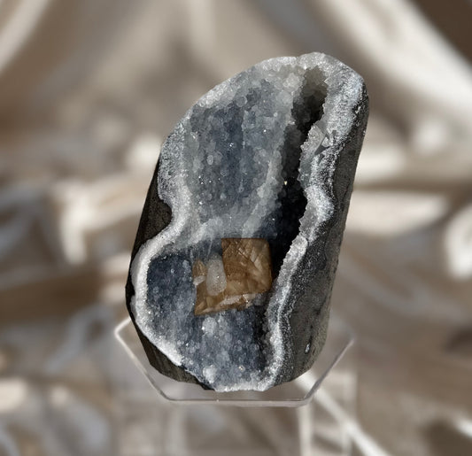 Honey Calcite on Blue Chalcedony