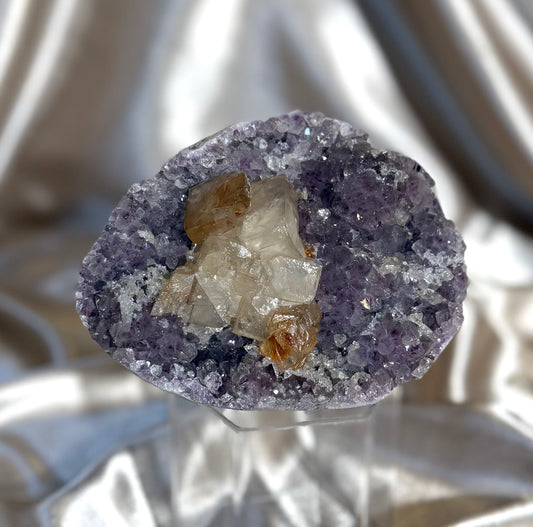 Honey Calcite on Amethyst