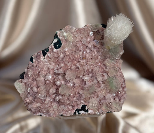 Mesolite on Pink Heulandite & Green Apophyllite D