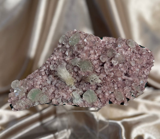 Mesolite on Pink Heulandite & Green Apophyllite B