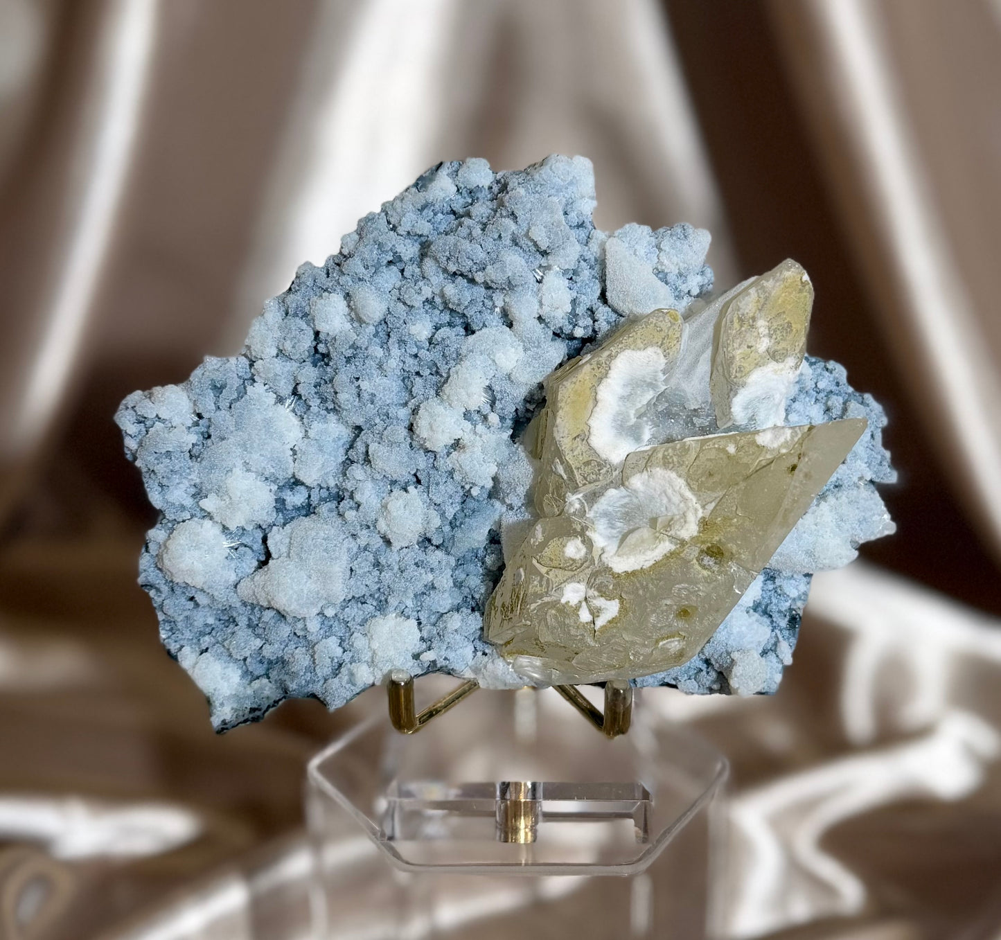 Blue Chalcedony Coated Calcites with Okenite