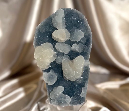 Coated Calcite on Blue Chalcedony A